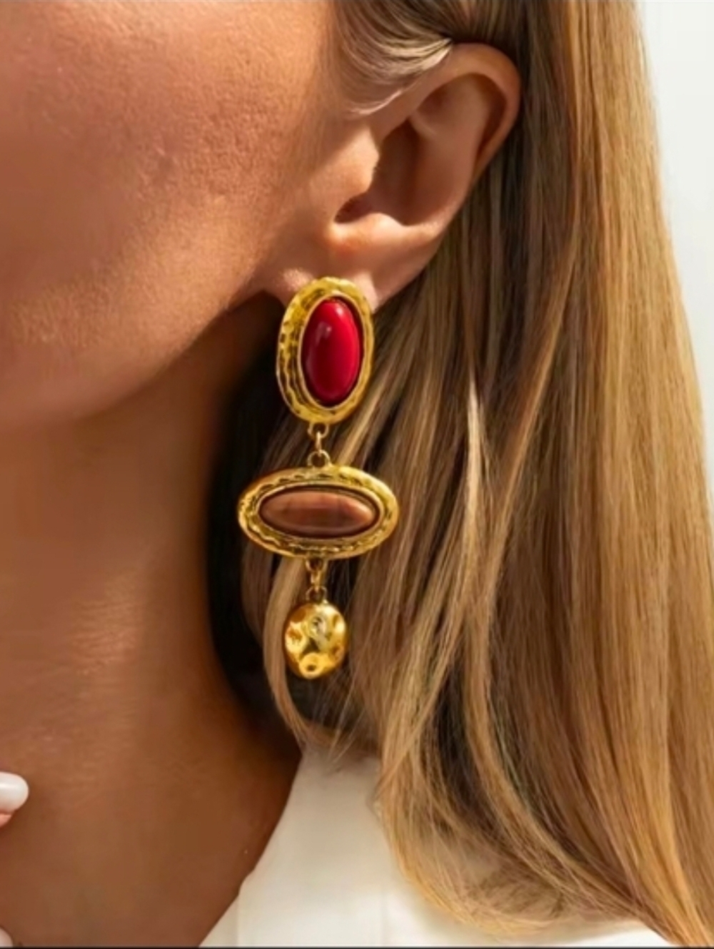Gold Drop Earrings with Red and Brown Stones - Picture 3 of 5